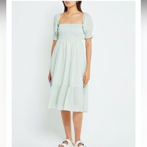 Green Gingham Puff Sleeve Dress with Smocking